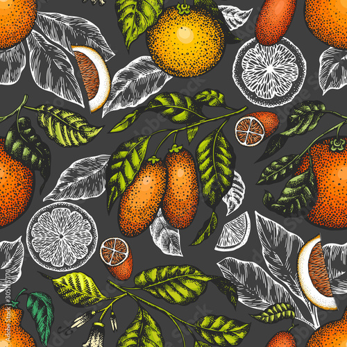 Citrus fruits seamless pattern. Hand drawn vector color fruit illustration on dark background. Engraved style background. Vintage citrus banner.