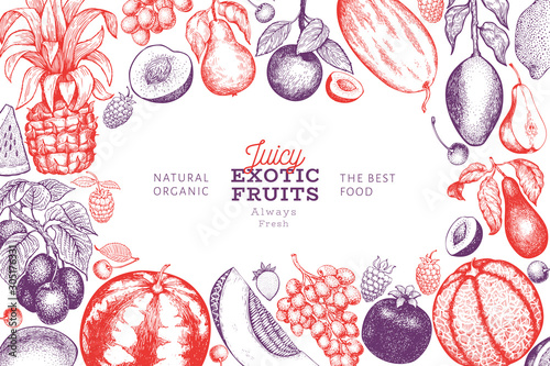 Fruits and berries design template. Hand drawn vector tropic fruits illustration. Engraved style fruit. Retro exotic food banner.