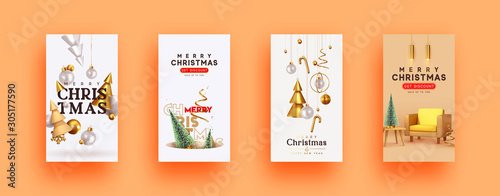 Set of Christmas and New Year holiday gift cards. Xmas banners, web poster, flyers and brochures, greeting cards, group bright covers. Design with realistic Christmas decoration objects.