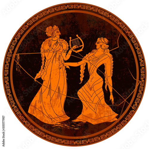 Ancient Greece. Mythology and legends. Two goddesses. Greek vase painting. Red figure techniques. Meander circle style