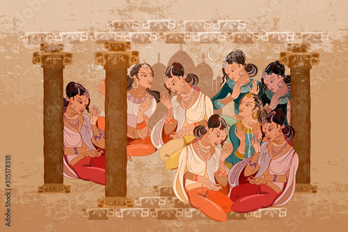 East murals. Scheherazade tell fairy tales. Beautiful indian girls in harem. Culture of India. Women in national national ethnic clothes. Arabic frescos. Fashion islamic princesses