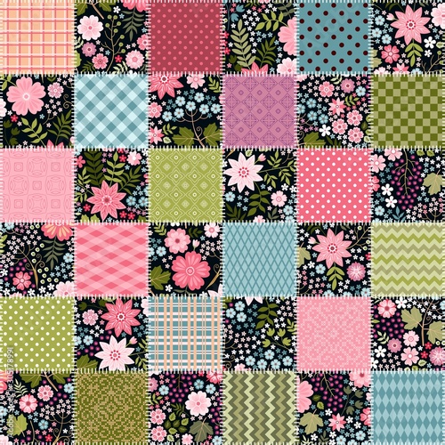 Cute patchwork seamless pattern from square patches with floral and geometric ornaments.
