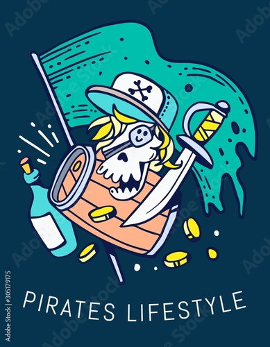 Vector illustration of pirate skull in a cap with eyepatch and b