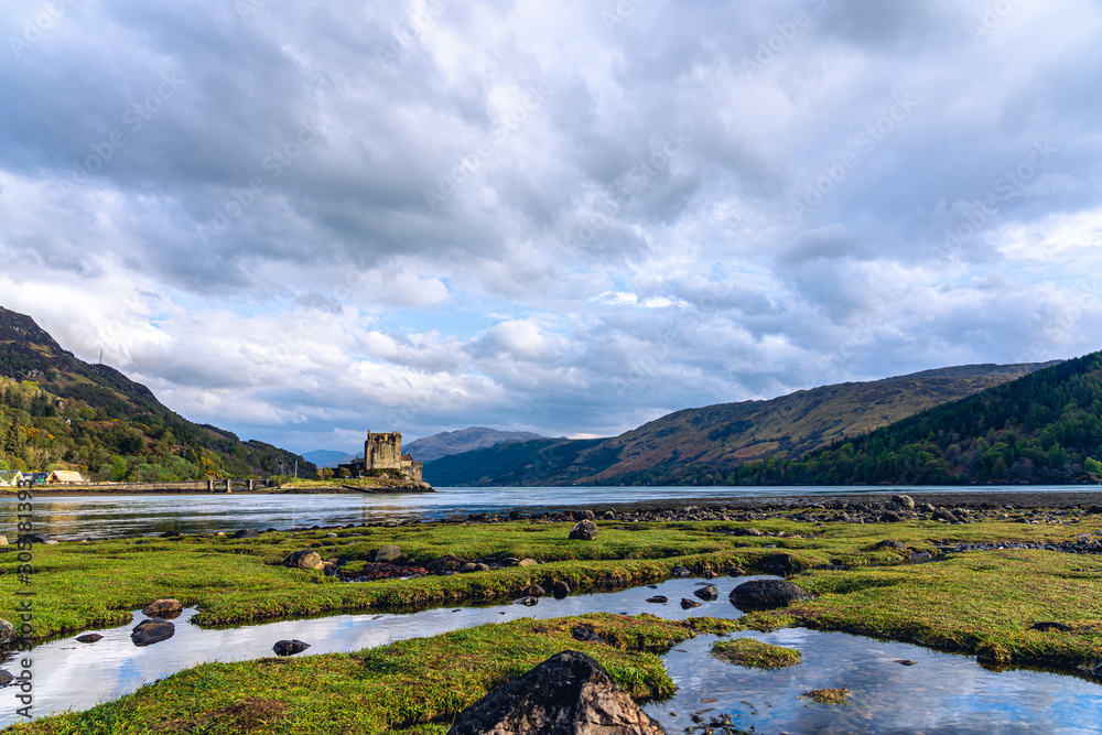 Eilean Donan Castle landmark in Loch Duich lake. Highlands of Scotland, Uk, Europe. Higlander movie location.