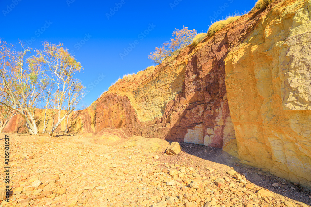 Ochre Pits in dry river creek is a colorful rock formation of minerals