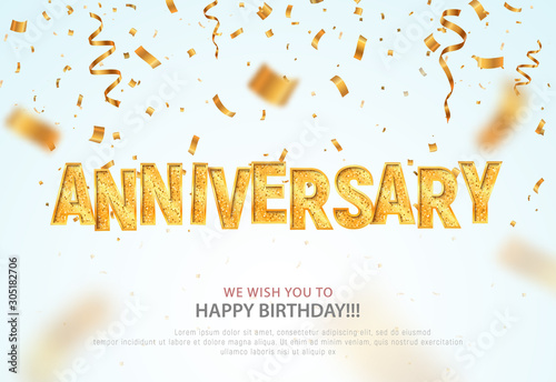 Golden anniversary word and falling down confetti vector banner template. Birthday or jubilee vector banner on light background.