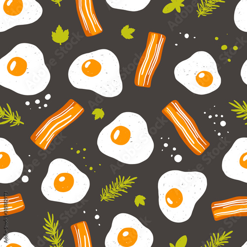 Fried eggs flat vector seamless pattern. Morning food, fast cooking dish on white background. Breakfast with bacon and herbs. Natural farm product. Omelette wrapping paper, wallpaper, textile design