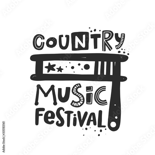 Country music festival vector banner template. Ratchet silhouette with stylized lettering. Cultural entertainment. Musical instrument with ink drops. Poster design element.