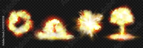Explosion blasts, nuclear bomb bangs with fire and smog clouds, vector realistic 3d icons isolated on transparent background. Nuclear blast mushroom, dynamite explosion burst effects