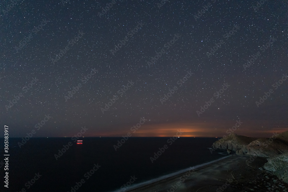 Night landscape on the beach of Los Muertos. Natural park of Cabo de Gata. Spain.