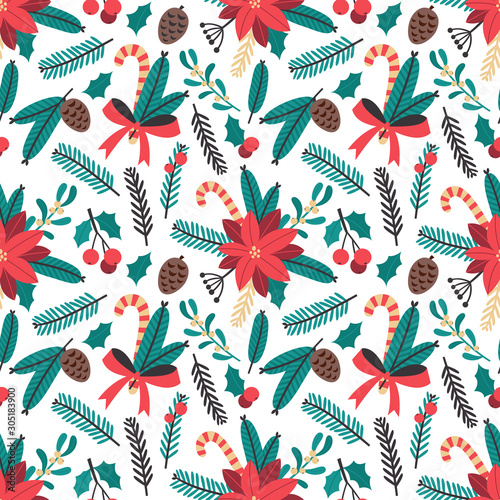 Christmas seamless pattern with poinsettia, holly, mistletoe, fir-tree cones, branches, red bow and candy cane.Vector  illustration.Holiday design for greeting cards, wrapping paper, textile, fabrics.