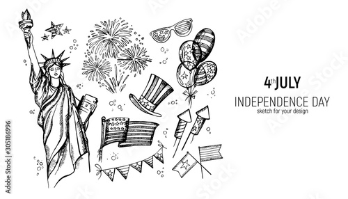 4th of July set. Hand drawn vector illustrations. Independence Day of America. USA national sketches. Material design for greeting card, flyer, banner, poster
