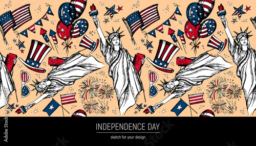 Seamless pattern 4th of July . Hand drawn vector illustrations. Independence Day background. USA national sketches. Material design for greeting card, flyer, banner, poster