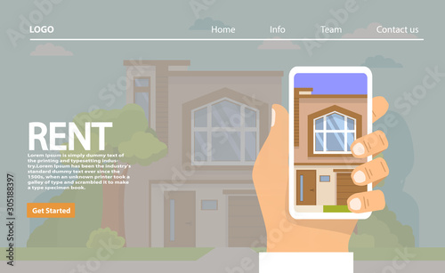 Houses for rent. The hand keeps smartphone the choice of the house in the application.Real estate concept.Rural building.