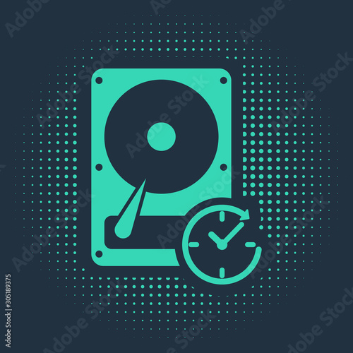 Green Hard disk drive with clockwise sign, data recovery icon isolated on blue background. Abstract circle random dots. Vector Illustration