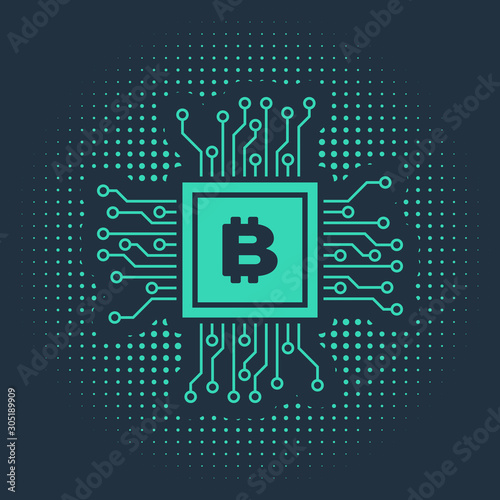 Green CPU mining farm icon isolated on blue background. Bitcoin sign inside processor. Cryptocurrency mining community. Digital money. Abstract circle random dots. Vector Illustration