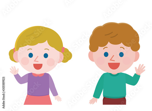 手を振る　挨拶　白人　男の子　女の子　上半身　イラスト