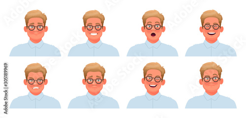 Set of different emotions business man. Happiness, surprise, anger, sadness. Collection of facial expressions