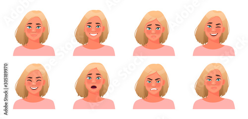Set of different emotions woman. Happiness, surprise, anger, sadness. Collection of facial expressions of a girl character.