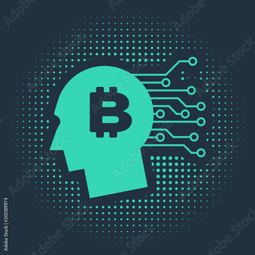 Green Bitcoin think icon isolated on blue background. Cryptocurrency head. Blockchain technology, bitcoin, digital money market, cryptocoin wallet. Abstract circle random dots. Vector Illustration