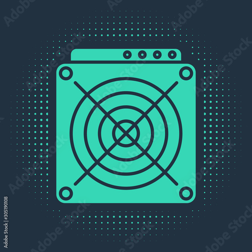 Green ASIC Miner icon isolated on blue background. Cryptocurrency mining equipment and hardware. Application specific integrated circuit. Abstract circle random dots. Vector Illustration