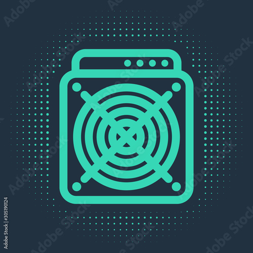 Green ASIC Miner icon isolated on blue background. Cryptocurrency mining equipment and hardware. Application specific integrated circuit. Abstract circle random dots. Vector Illustration