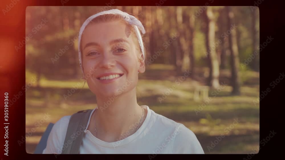 Close up retro filter portrait young happy attractive woman walk look on camera on forest city girl lifestyle caucasian technology urban beautiful businesswoman outdoors slow motion