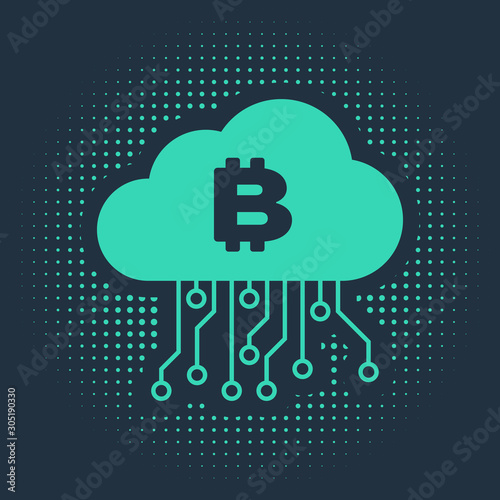 Green Cryptocurrency cloud mining icon isolated on blue background. Blockchain technology, bitcoin, digital money market, cryptocoin wallet. Abstract circle random dots. Vector Illustration