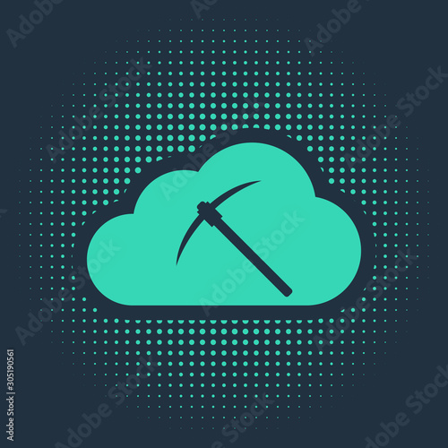 Green Cryptocurrency cloud mining icon isolated on blue background. Cloud with pickaxe, bitcoin, digital money market, cryptocoin wallet. Abstract circle random dots. Vector Illustration