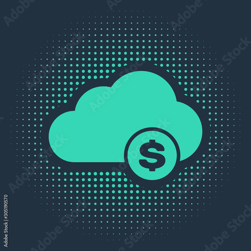 Green Cryptocurrency cloud mining icon isolated on blue background. Blockchain technology, bitcoin, digital money market, cryptocoin wallet. Abstract circle random dots. Vector Illustration