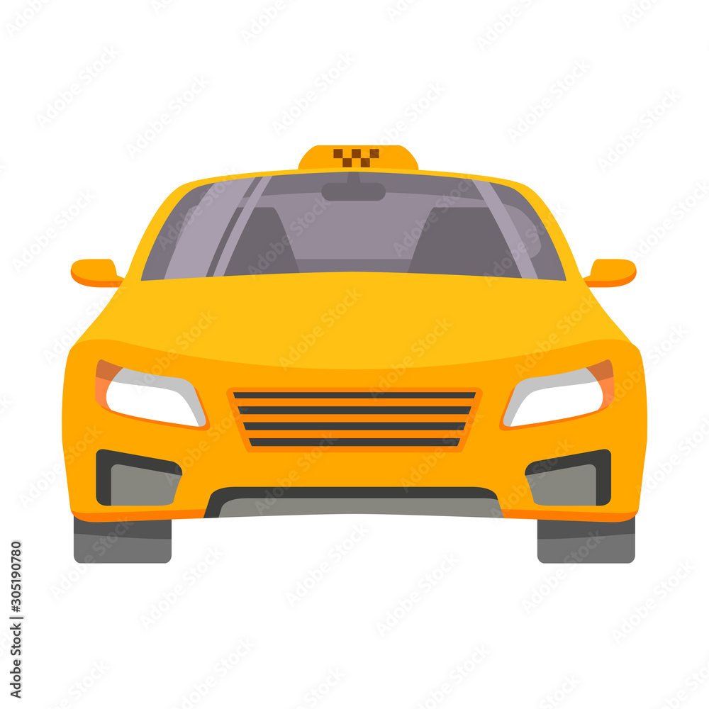 Taxi car. Yellow cab view from front.Cartoon flat vector.