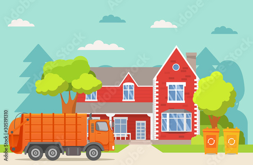 Garbage truck.Urban sanitary loader truck.City service.Vector illustration.House exterior.Home front view facade with roof. Townhouse building.Garbage cans recycling.