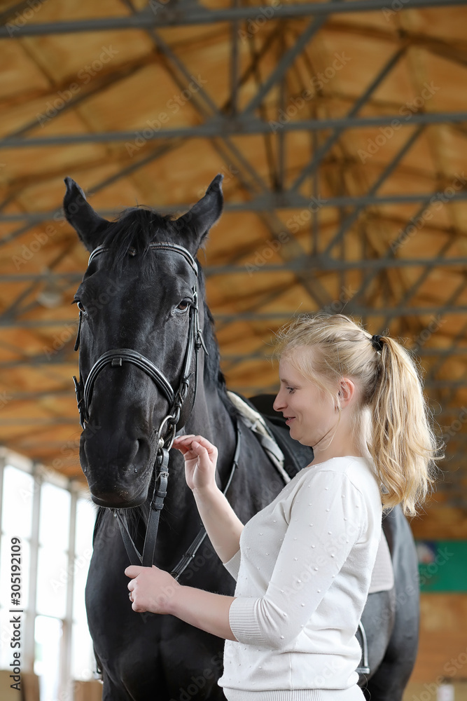 Obraz premium People on a horse training in a wooden arena