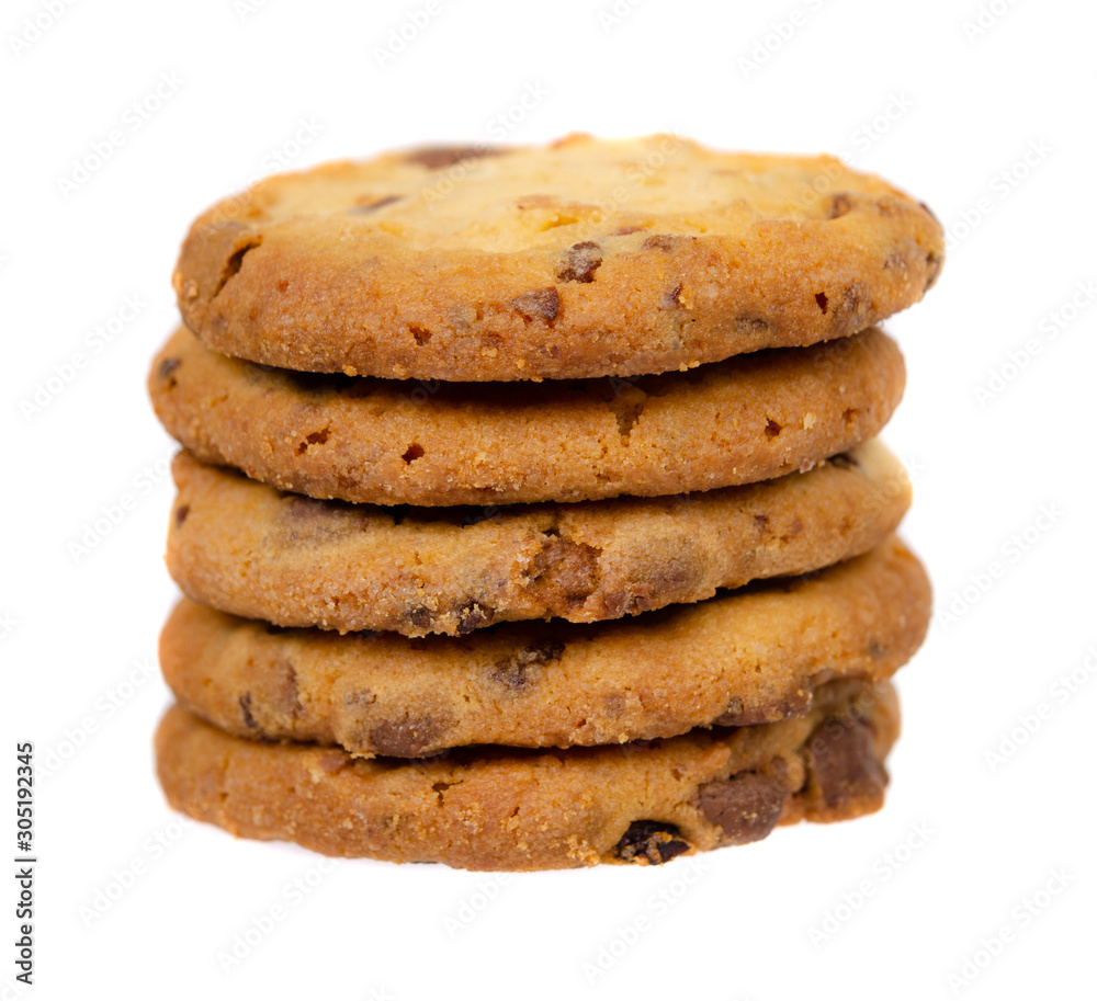Round cookie with chocolate drops. Isolated on white. Round cookie with chocolate drops. Isolated on white.