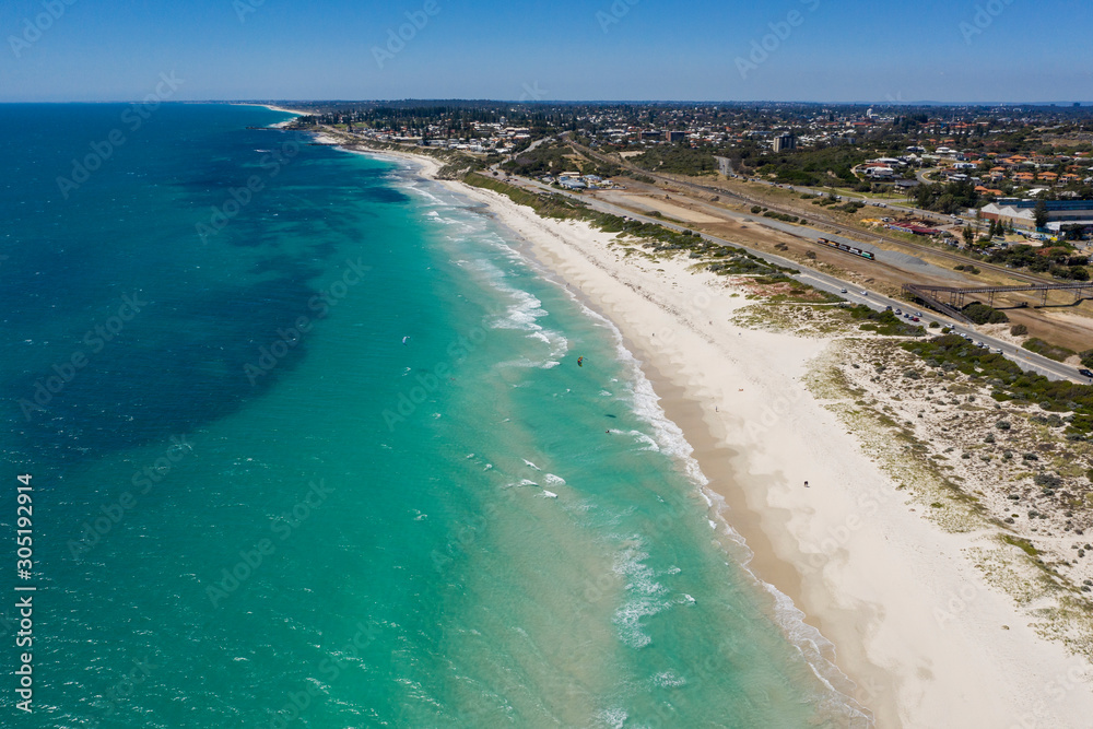 Aerial view of Freemantle beach with kite surfers in Perth, Western Australia