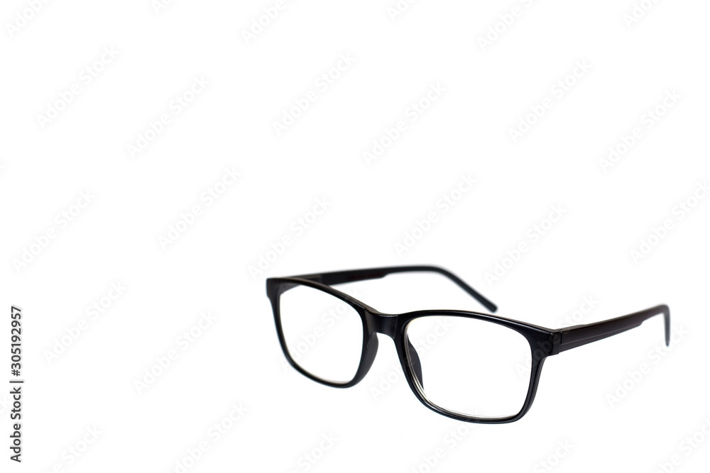 Black eyeglasses, eye optic correction tool. Isolated Black eyeglasses, eye optic correction tool. Isolated