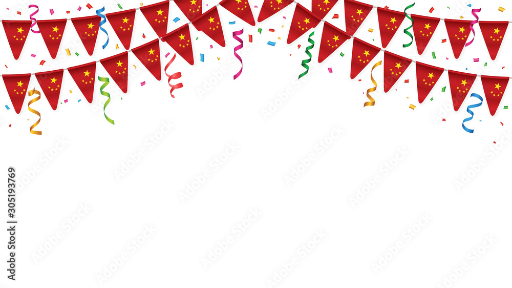 Obraz premium China flag garland white background with confetti, Hang bunting for Chinese Independence Day celebration template banner, Vector illustration