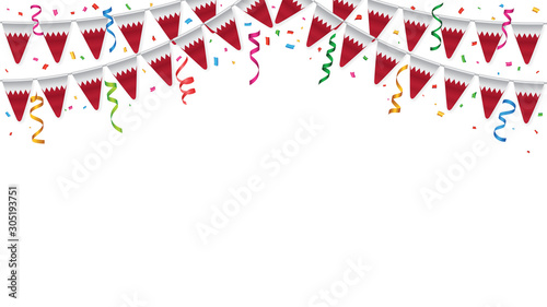 Bahrain flags garland white background with confetti, Hang bunting for Bahrain independence Day celebration template banner, Vector illustration