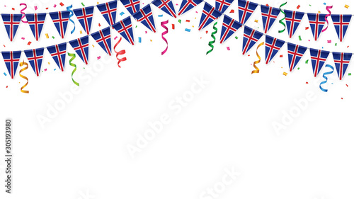 Iceland flag garland white background with confetti, Hang bunting for independence Day celebration template banner, Vector illustration