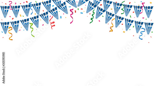 Greece flags garland white background with confetti, Hanging bunting for Greece Independence Day celebration template banner, Vector illustration