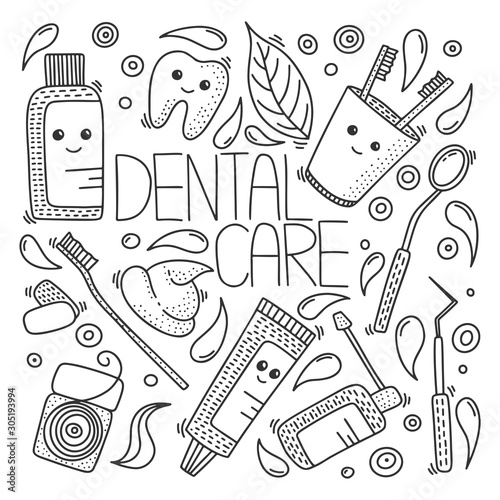 Dental health vector concept in doodle style. Hand drawn illustration for printing on T-shirts, postcards.