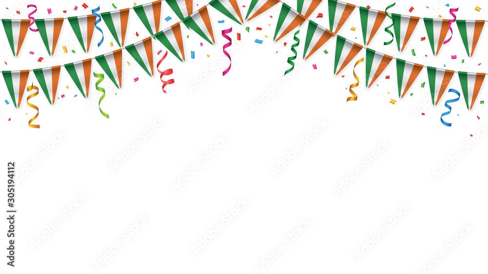 Ireland flag garland white background with confetti, Hang bunting for Irish independence Day celebration template banner, Vector illustration Ireland flag garland white background with confetti, Hang bunting for Irish independence Day celebration template banner, Vector illustration