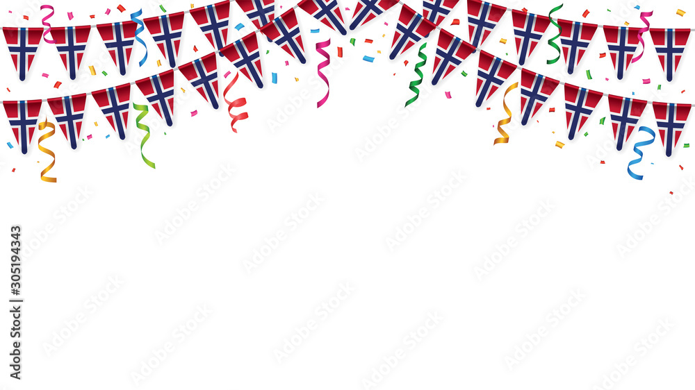 Norway flag garland white background with confetti, Hang bunting for Norway independence Day celebration template banner, Vector illustration
