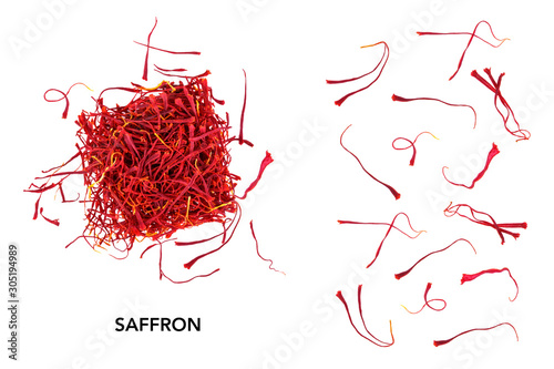 Dried saffron spice isolated on white background. Top view