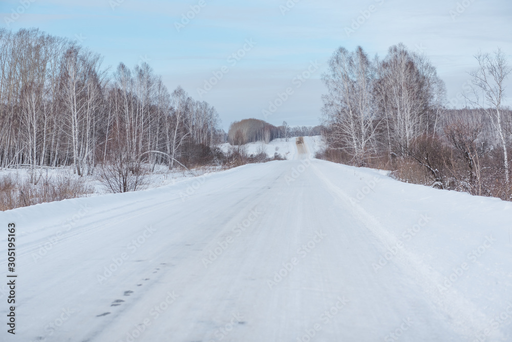 Fototapeta premium Winter road. Ride through the winter forest. Snow fell in the forest. Road through the snow.