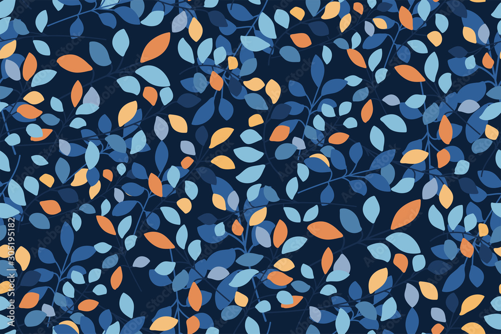 Abstract seamless pattern with colorful leaves, branches on a dark blue background. Creative print, Wallpaper. Foliage in a hand-drawn style. Vector