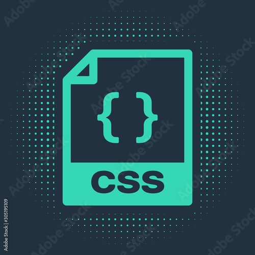 Green CSS file document. Download css button icon isolated on blue background. CSS file symbol. Abstract circle random dots. Vector Illustration