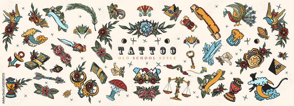 Tattoo elements collection. Big set for design. Old school tattooing style