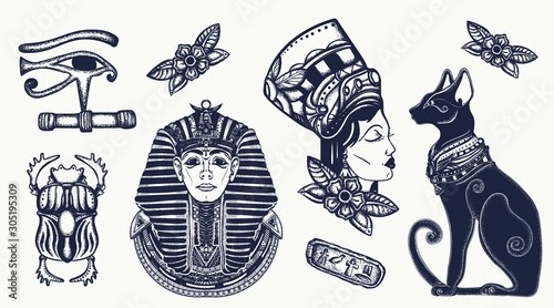 Ancient Egypt elements. Pharaoh, black cats, sacred scarab, egyptian queen Cleopatra, eye Horus. Old school tattoo vector set