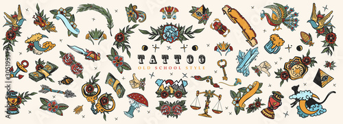 Tattoo elements collection. Big set for design. Old school tattooing style